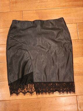 Bar III Black Faux Leather Pencil Skirt with Lace Trim